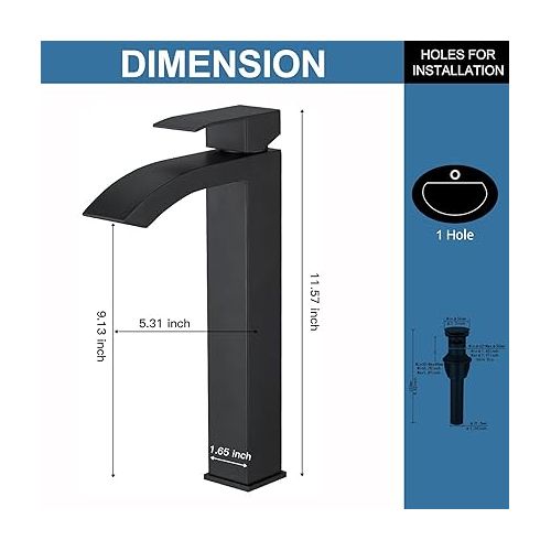  BWE Black Vessel Sink Faucet Single Handle One Hole Lavatory Waterfall Bathroom Faucet Mixer Tap Tall Body Matte with Drain Assembly and Supply Hose Solid Brass Deck Mount Faucet Commercial