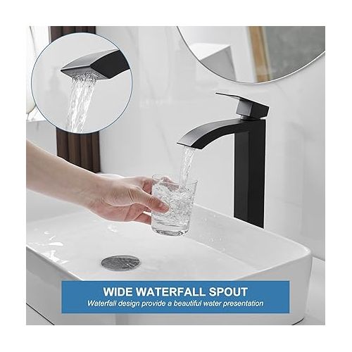  BWE Black Vessel Sink Faucet Single Handle One Hole Lavatory Waterfall Bathroom Faucet Mixer Tap Tall Body Matte with Drain Assembly and Supply Hose Solid Brass Deck Mount Faucet Commercial