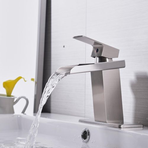  [아마존 핫딜] [아마존핫딜]BWE Eyekepper Nickel Brushed Waterfall Bathroom Sink Vessel faucet Lavatory Mixer Tap Open Channel Water Spout