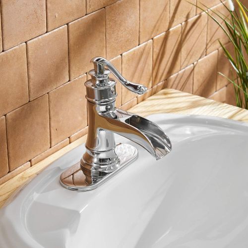  [아마존 핫딜] BWE Waterfall Bathroom Sink Faucets Commercial Single Handle Hole Lever Faucet Chrome Matching Pop Up Drain With Overflow