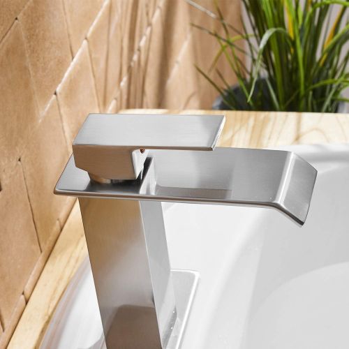  [아마존 핫딜] BWE Waterfall Commercial Spout Brushed Nickel Single Handle One Hole Bathroom Sink Faucet Deck Mount Lavatory