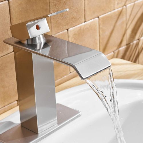  [아마존 핫딜] BWE Waterfall Commercial Spout Brushed Nickel Single Handle One Hole Bathroom Sink Faucet Deck Mount Lavatory