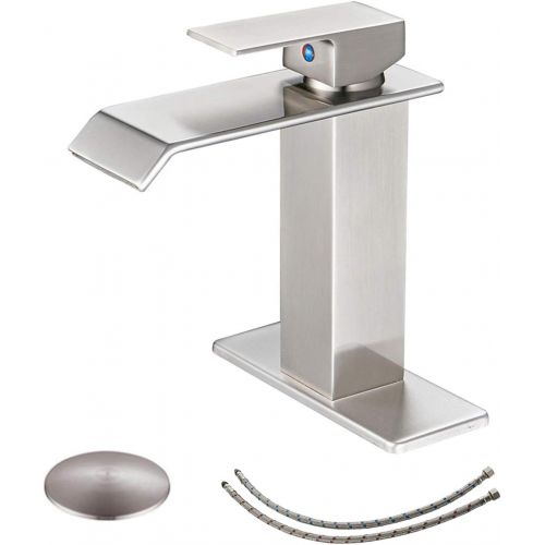  [아마존 핫딜] BWE Waterfall Commercial Spout Brushed Nickel Single Handle One Hole Bathroom Sink Faucet Deck Mount Lavatory