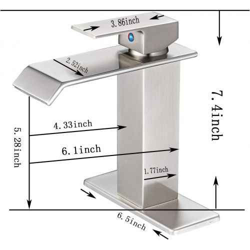  [아마존 핫딜] BWE Waterfall Commercial Spout Brushed Nickel Single Handle One Hole Bathroom Sink Faucet Deck Mount Lavatory