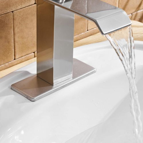  [아마존 핫딜] BWE Waterfall Commercial Spout Brushed Nickel Single Handle One Hole Bathroom Sink Faucet Deck Mount Lavatory