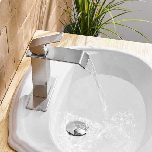  [아마존 핫딜] BWE Waterfall Commercial Spout Brushed Nickel Single Handle One Hole Bathroom Sink Faucet Deck Mount Lavatory