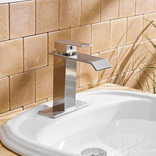  [아마존 핫딜] BWE Waterfall Commercial Spout Brushed Nickel Single Handle One Hole Bathroom Sink Faucet Deck Mount Lavatory