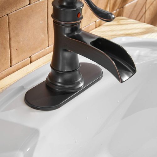  [아마존 핫딜] BWE Bathroom Sink Faucet with Drain Assembly and Supply Hose Lead-free Lavatory Waterfall Faucet Single-Handle Mixer Tap One Hole Oil Rubbed Bronze