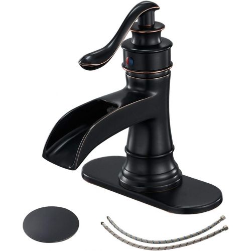  [아마존 핫딜] BWE Bathroom Sink Faucet with Drain Assembly and Supply Hose Lead-free Lavatory Waterfall Faucet Single-Handle Mixer Tap One Hole Oil Rubbed Bronze