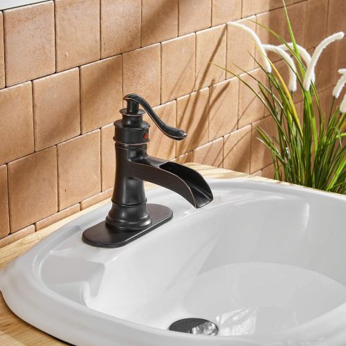  [아마존 핫딜] BWE Bathroom Sink Faucet with Drain Assembly and Supply Hose Lead-free Lavatory Waterfall Faucet Single-Handle Mixer Tap One Hole Oil Rubbed Bronze