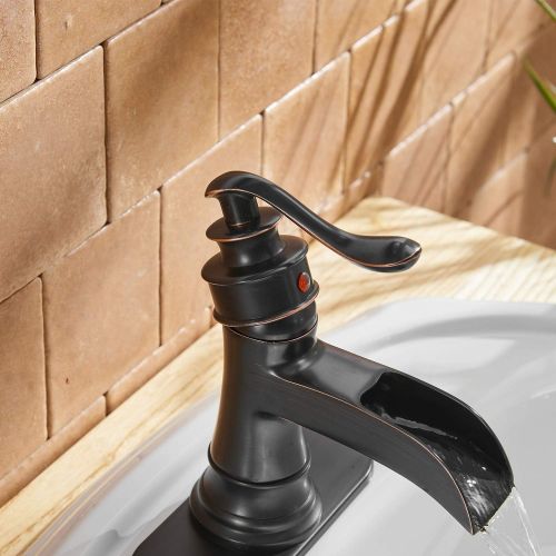  [아마존 핫딜] BWE Bathroom Sink Faucet with Drain Assembly and Supply Hose Lead-free Lavatory Waterfall Faucet Single-Handle Mixer Tap One Hole Oil Rubbed Bronze