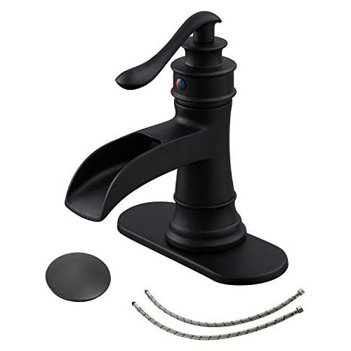  BWE Black Bathroom Faucet Waterfall Single-Handle One Hole Lavatory Mixer Tap Deck Mounted with Drain Assembly and Faucet Supply Lines