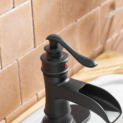  BWE Black Bathroom Faucet Waterfall Single-Handle One Hole Lavatory Mixer Tap Deck Mounted with Drain Assembly and Faucet Supply Lines