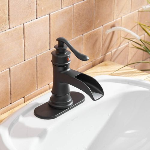  BWE Black Bathroom Faucet Waterfall Single-Handle One Hole Lavatory Mixer Tap Deck Mounted with Drain Assembly and Faucet Supply Lines