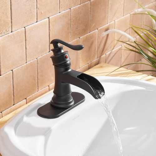  BWE Black Bathroom Faucet Waterfall Single-Handle One Hole Lavatory Mixer Tap Deck Mounted with Drain Assembly and Faucet Supply Lines