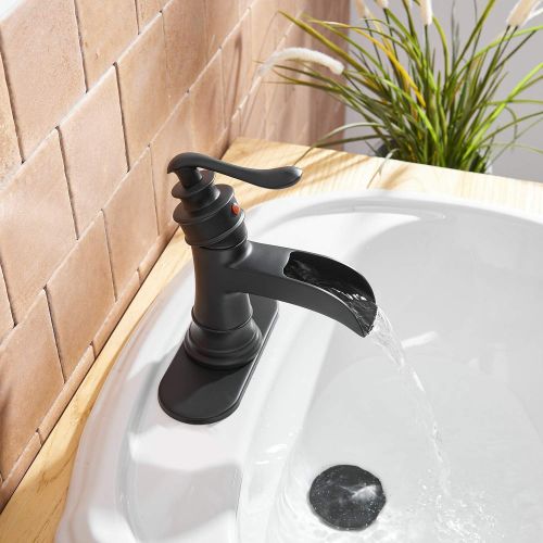  BWE Black Bathroom Faucet Waterfall Single-Handle One Hole Lavatory Mixer Tap Deck Mounted with Drain Assembly and Faucet Supply Lines