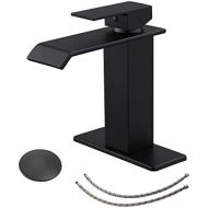 BWE Bathroom Faucet Matte Black Waterfall Single-Handle One Hole Commercial with Drain Assembly and Supply Hose Deck Mounted Lavatory Sink