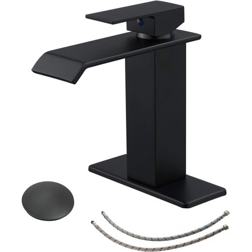  BWE Bathroom Faucet Matte Black Waterfall Single-Handle One Hole Commercial with Drain Assembly and Supply Hose Deck Mounted Lavatory Sink