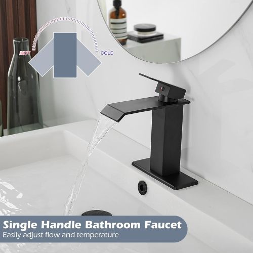  BWE Bathroom Faucet Matte Black Waterfall Single-Handle One Hole Commercial with Drain Assembly and Supply Hose Deck Mounted Lavatory Sink