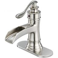 BWE Waterfall Brushed Nickel Bathroom Sink Faucet Single Handle One Hole Deck Mount Lavatory Commercial