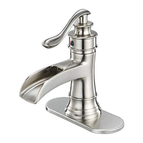  BWE Waterfall Brushed Nickel Bathroom Sink Faucet Single Handle One Hole Deck Mount Lavatory Commercial