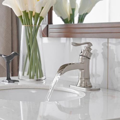  BWE Waterfall Brushed Nickel Bathroom Sink Faucet Single Handle One Hole Deck Mount Lavatory Commercial