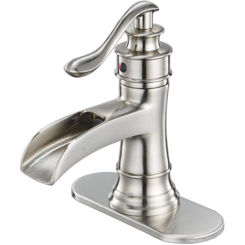  BWE Waterfall Brushed Nickel Bathroom Sink Faucet Single Handle One Hole Deck Mount Lavatory Commercial