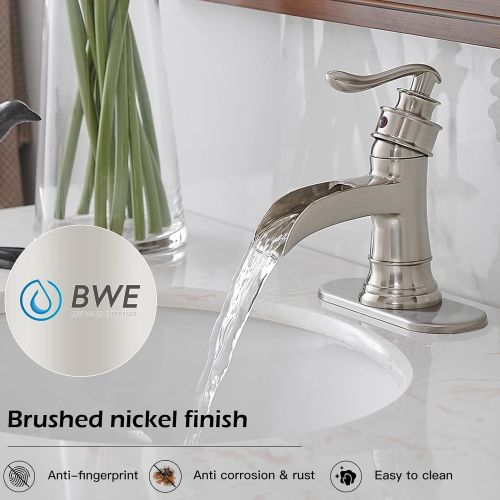  BWE Waterfall Brushed Nickel Bathroom Sink Faucet Single Handle One Hole Deck Mount Lavatory Commercial