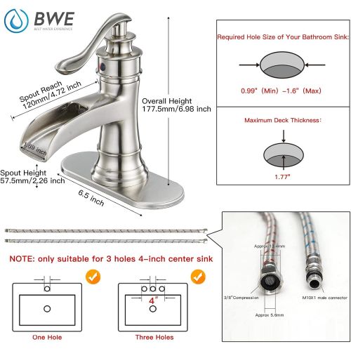  BWE Waterfall Brushed Nickel Bathroom Sink Faucet Single Handle One Hole Deck Mount Lavatory Commercial