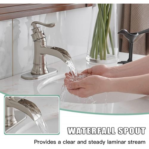  BWE Waterfall Brushed Nickel Bathroom Sink Faucet Single Handle One Hole Deck Mount Lavatory Commercial