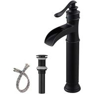 BWE Black Bathroom Faucet with Drain Assembly and Supply Line Lead-free Single-Handle One Hole Waterfall Vessel Sink Faucet Matte Black Lavatory Mixer Tap Deck Mount