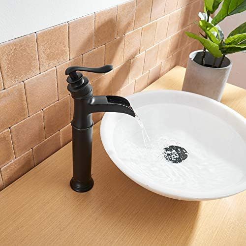  BWE Black Bathroom Faucet with Drain Assembly and Supply Line Lead-free Single-Handle One Hole Waterfall Vessel Sink Faucet Matte Black Lavatory Mixer Tap Deck Mount