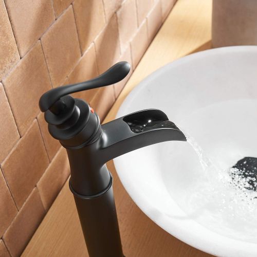  BWE Black Bathroom Faucet with Drain Assembly and Supply Line Lead-free Single-Handle One Hole Waterfall Vessel Sink Faucet Matte Black Lavatory Mixer Tap Deck Mount