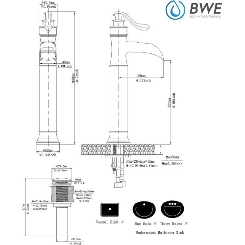  BWE Black Bathroom Faucet with Drain Assembly and Supply Line Lead-free Single-Handle One Hole Waterfall Vessel Sink Faucet Matte Black Lavatory Mixer Tap Deck Mount