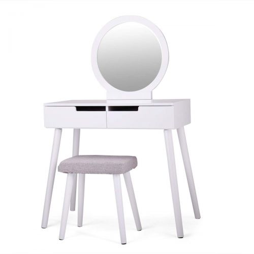  BWM.Co Makeup Vanity Table Set Bedroom Furniture w/ 2 Sliding Drawers Round Mirror White