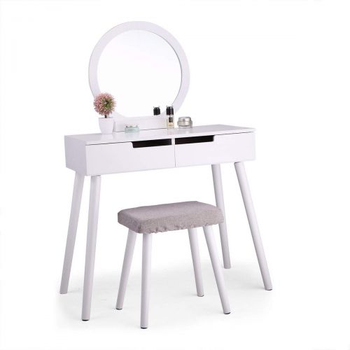  BWM.Co Makeup Vanity Table Set Bedroom Furniture w/ 2 Sliding Drawers Round Mirror White