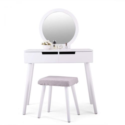  BWM.Co Makeup Vanity Table Set Bedroom Furniture w/ 2 Sliding Drawers Round Mirror White