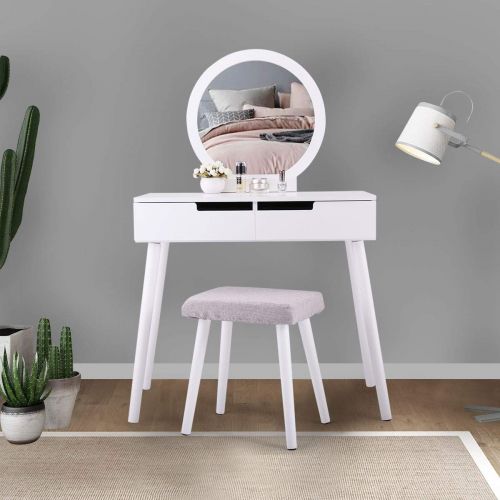  BWM.Co Makeup Vanity Table Set Bedroom Furniture w/ 2 Sliding Drawers Round Mirror White