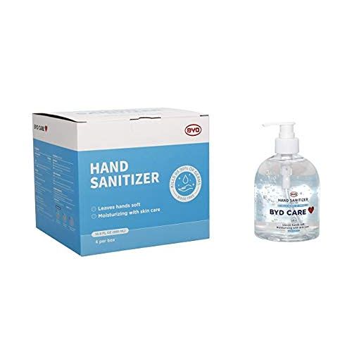  BYD Care Hand Sanitizer with Pump 500ml (16.9 oz) Value Pack, Box of 4, 72% Ethyl Alcohol, Rinse Free Refreshing Gel (1 box)