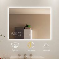BYECOLD Horizontal Vanity Touch Switch Bathroom Mirror Weather Forecast, LED Illuminate Light Demist/Defogging Makeup Wall Mirror with Calendar Time Date Temperature Humidity Displ