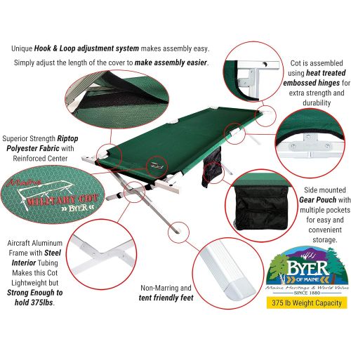  BYER OF MAINE Military Cot, Folding cot, Reinforced Aluminum/Steel Frame, Extra Large Size, Holds 375lbs