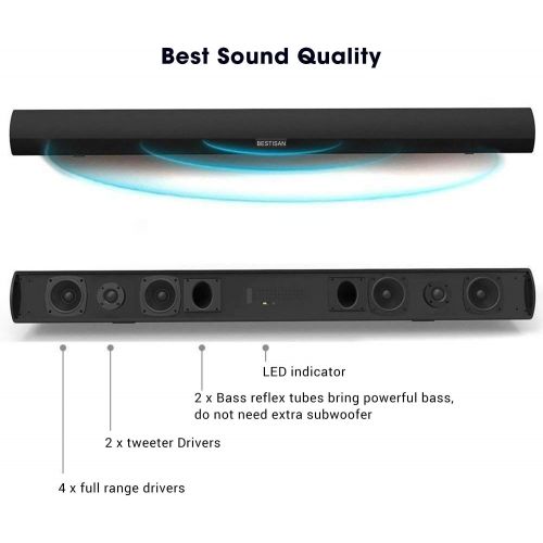  BYL Sound Bar, 100Watt Bestisan Soundbar for TV, Wired & Wireless Bluetooth 5.0 Sound Bar(40 Inch, 6 Drivers, 105dB, Optical Cable Included, Remote Control, Bass Adjustable and Wall Mo