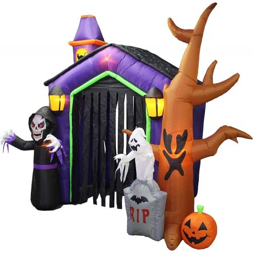  할로윈 용품BZB Goods TWO HALLOWEEN PARTY DECORATIONS BUNDLE, Includes 8.5 Foot Tall Inflatable Haunted House Castle with Skeleton Ghost Skulls, and 7 Foot Long Inflatable Tombstones Grim Reaper Pathway
