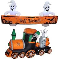 할로윈 용품BZB Goods Two Halloween Party Decorations Bundle, Includes 8 Foot Long Lighted Halloween Inflatable White Ghosts with Orange Banner, and 7 Foot Long Inflatable Skeleton on Train Ghost Tombst