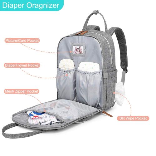  [아마존베스트]Diaper Bag Backpack, BabbleRoo Neutral Travel Back Pack for Mom & Dad, Large Capacity Waterproof Baby Nappy Changing Bags for Boys & Girls, Multifunction & Stylish, Gray