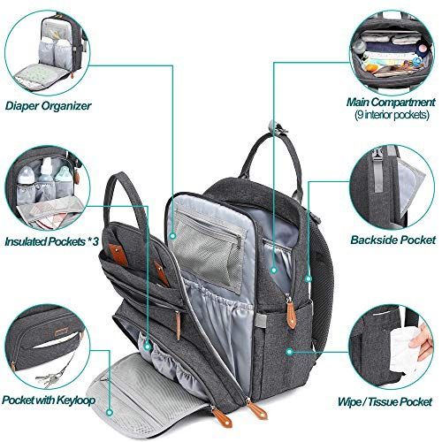  Diaper Bag Backpack, BabbleRoo Baby Nappy Changing Bags Multifunction Waterproof Travel Back Pack with Changing Pad & Stroller Straps & Pacifier Case, Unisex and Stylish (Dark Gray