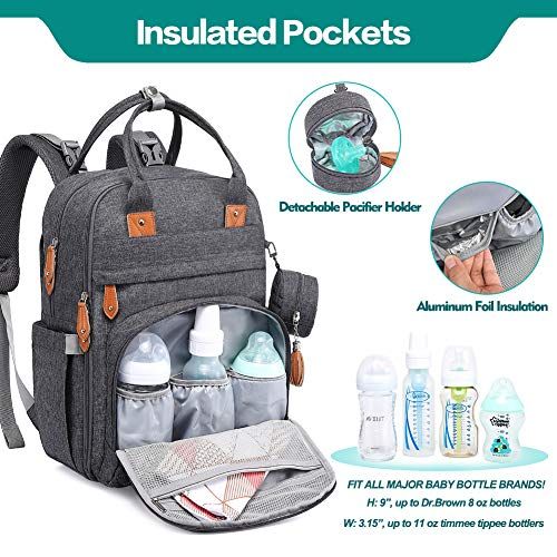  Diaper Bag Backpack, BabbleRoo Baby Nappy Changing Bags Multifunction Waterproof Travel Back Pack with Changing Pad & Stroller Straps & Pacifier Case, Unisex and Stylish (Dark Gray