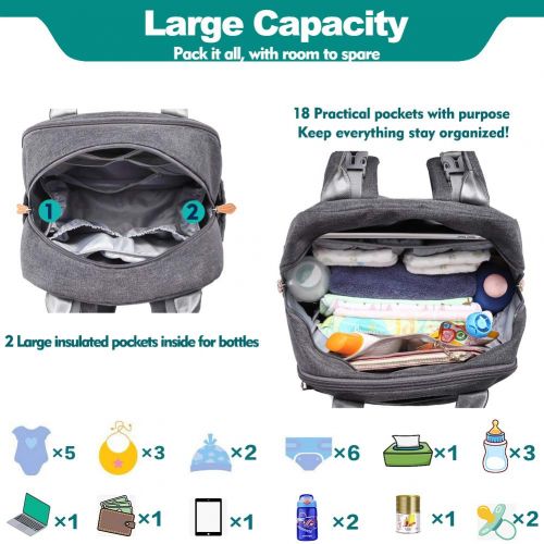  Diaper Bag Backpack, BabbleRoo Baby Nappy Changing Bags Multifunction Waterproof Travel Back Pack with Changing Pad & Stroller Straps & Pacifier Case, Unisex and Stylish (Dark Gray