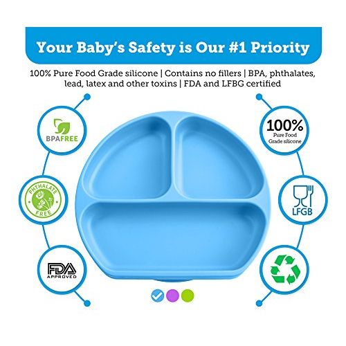  Babiere Silicone Toddler Plate  Powerful Suction Base Stays Put to Highchair  Grip Dish with Divided...