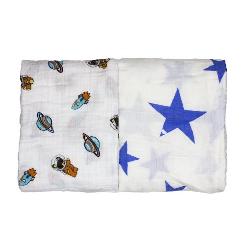  Babio Muslin & Bamboo Cotton 2 Pack Baby Swaddle Blanket Set - 47 inch x 47 inch - Blue/White/Orange